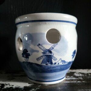 Vtg Delft Blauw Crocus Bowl/Bulb Planter Windmill and Sailboat Design Holland
